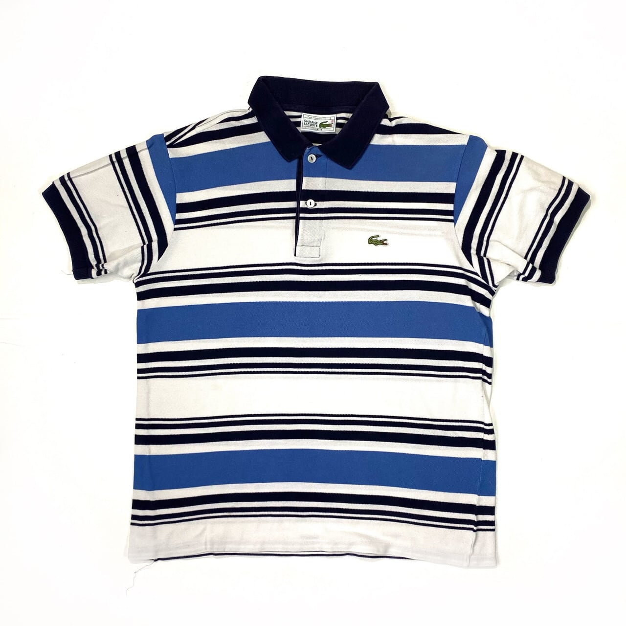 80年代 フランス製 Lacoste ラコステ ボーダー ポロシャツ サイズ3 メンズs 古着 ホワイト ブルー ポロシャツ Cave 古着屋 公式 古着通販サイト