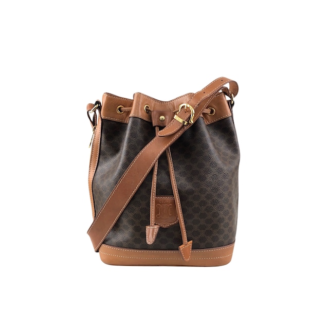 CELINE セリーヌ マカダム ショルダーバッグ ブラウン ブラゾン型押し PVC レザー 巾着 vintage ヴィンテージ オールド y4ma84