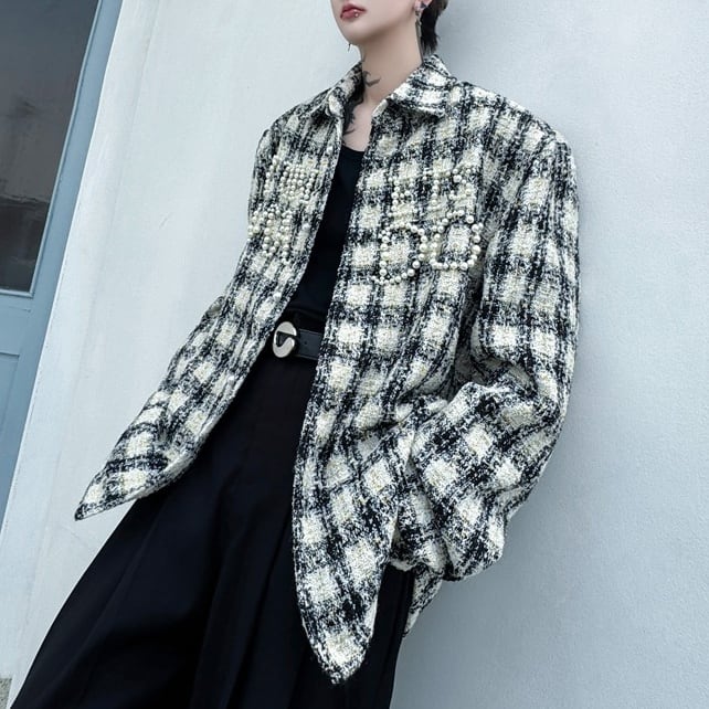 パール装飾 チェックオーバーサイズロングスリーブシャツ 2color MTO0373