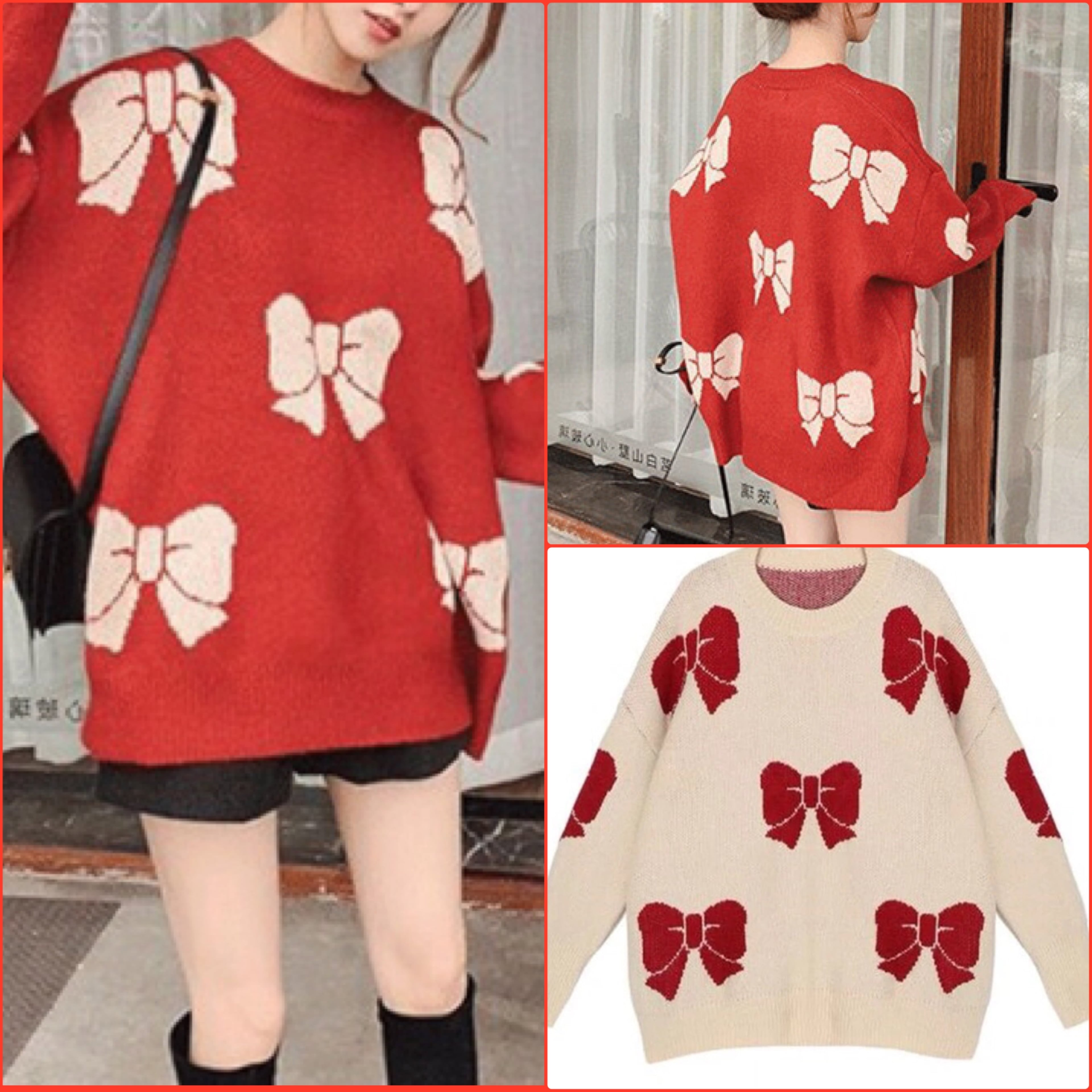2色】リボン セーター 赤 白 レッド ニット トップス カジュアル