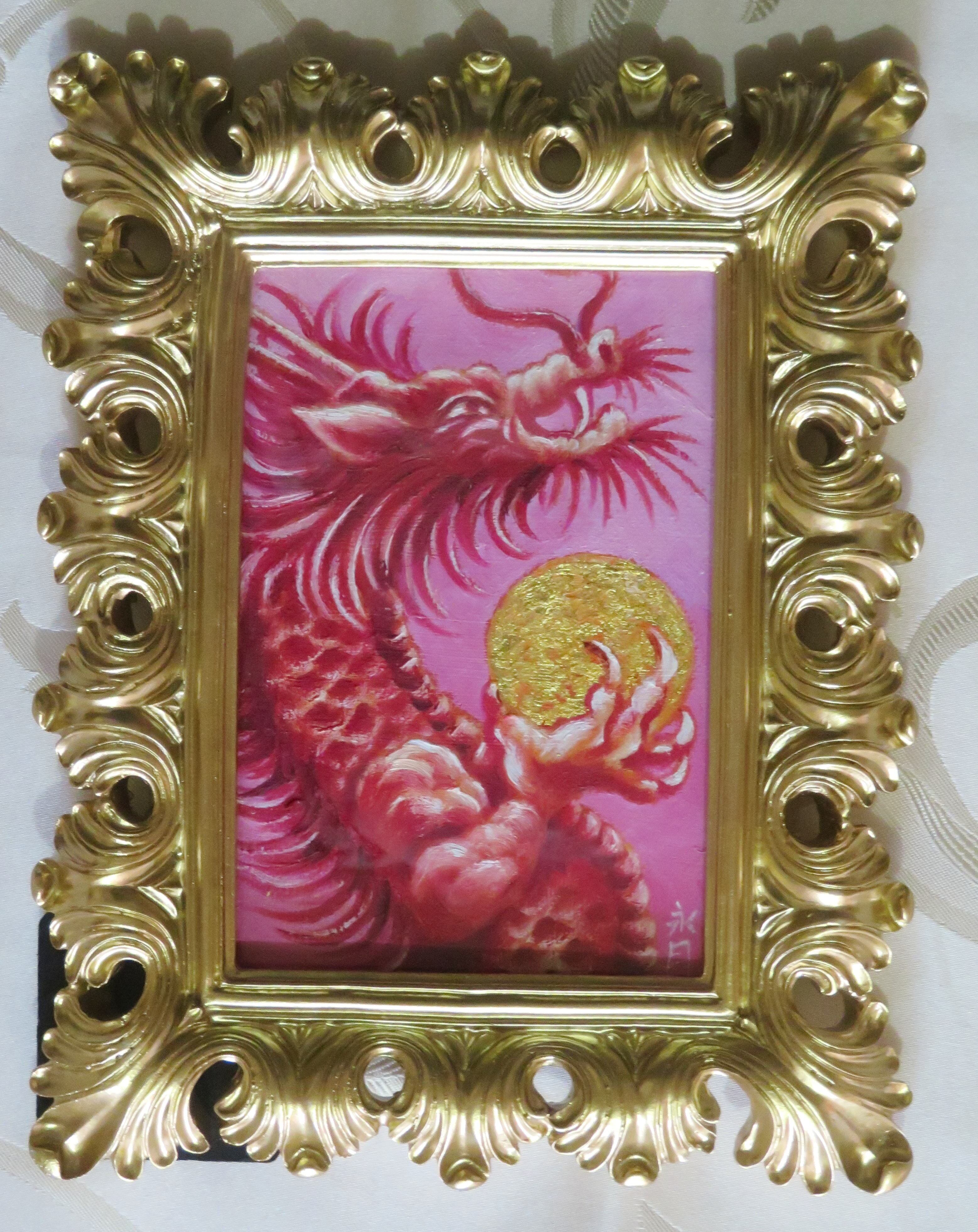 還暦感謝フェア【笑龍神様～緑龍】油絵+純金24k金箔 F4号 真筆画1