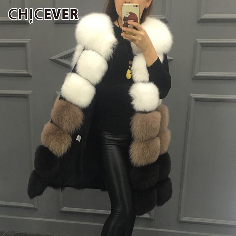 CHICEVERパッチワークファーレディースベストオーバーサイズノースリーブプラスサイズヒットカラーシックカーディガンベストコート2020冬 大きめサイズ ウィンター 冬物 6base565242765923