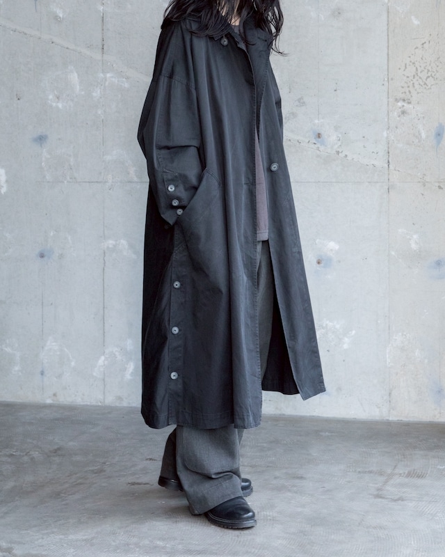double breasted spring coat / faded black / wide drape silhouette / buttoned cuff & side detail / Made In ITALY