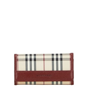 バーバリー ノバチェック 5連 キーケース ベージュ ワインレッド ナイロン レザー レディース BURBERRY 【中古】