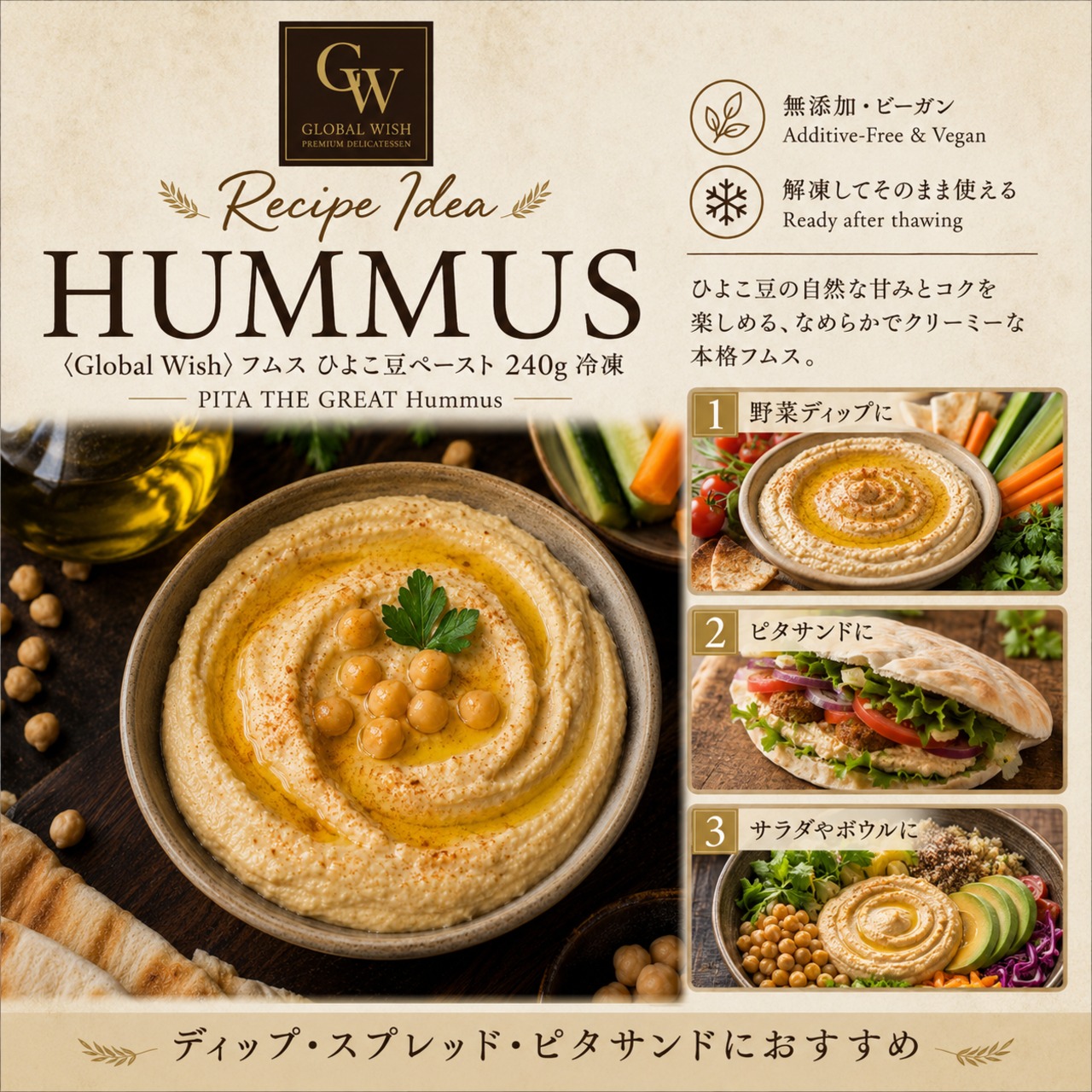 ピタザグレート 手作り フムス 240g 【冷凍】ビーガン ひよこ豆ペースト ホムス 無添加 PITA THE GREAT Hummus