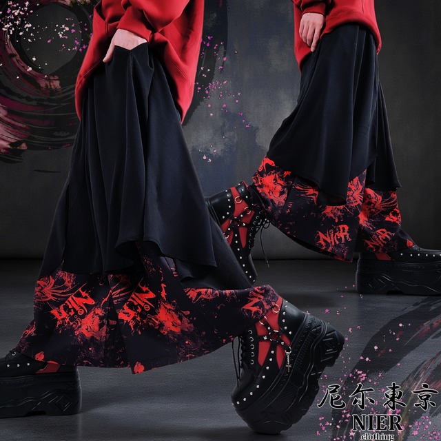 フラップレイヤードワイドパンツ【和柄彼岸花】