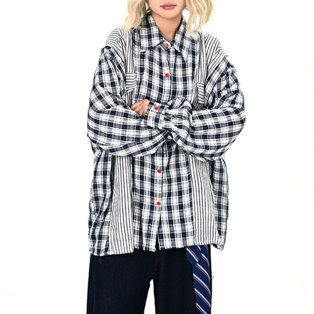 checked stripe patchwork shirt　チェックストライプパッチワークシャツ　J1330