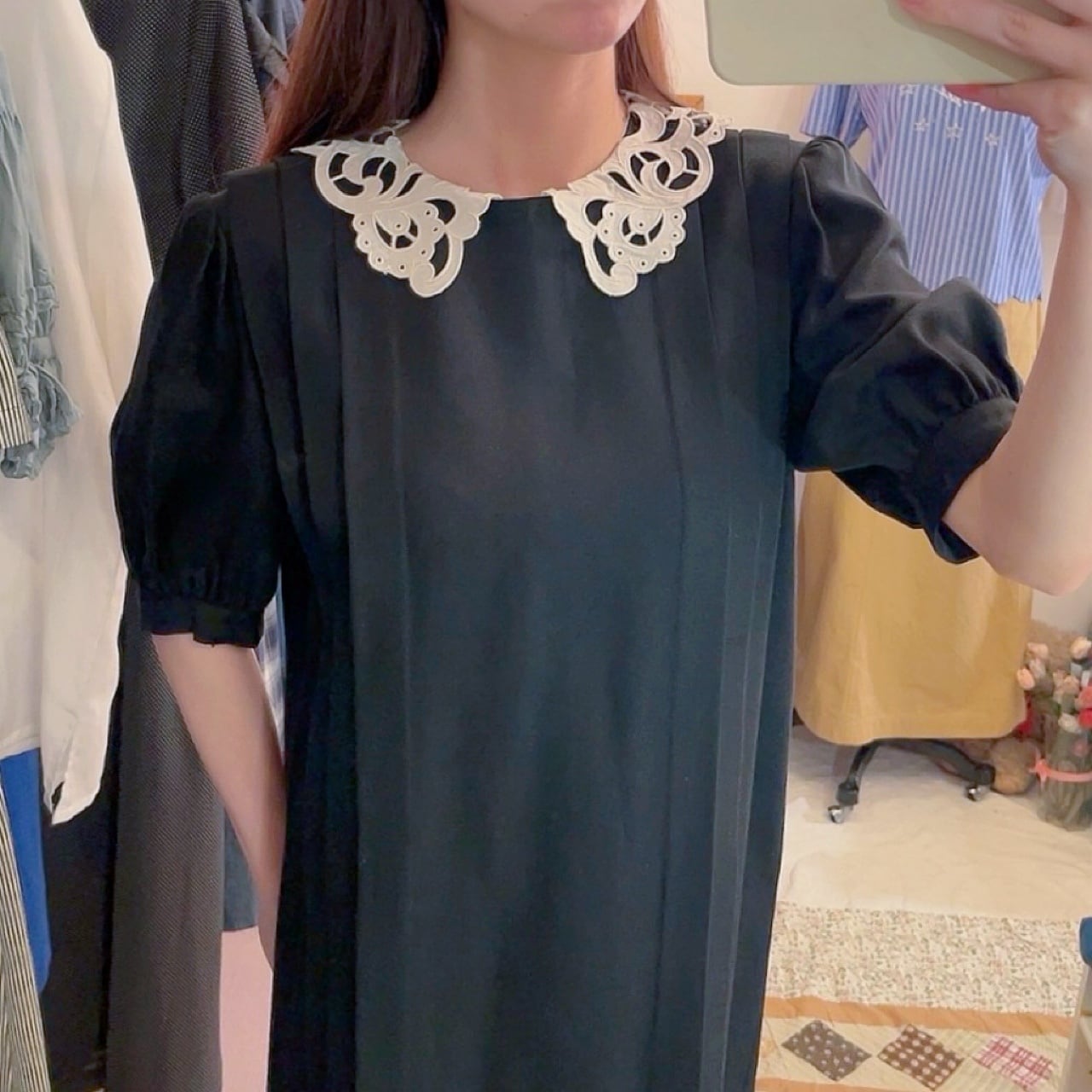 lace collar pleats black one-piece