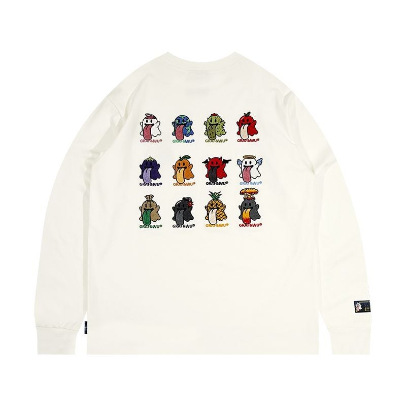 ストリート GRAF&WU ゴーストキャラ刺繍 ロングTシャツ T307 | wshot ストリート GRAF&WU ゴーストキャラ刺繍 ロングTシャツ T307 | wshot