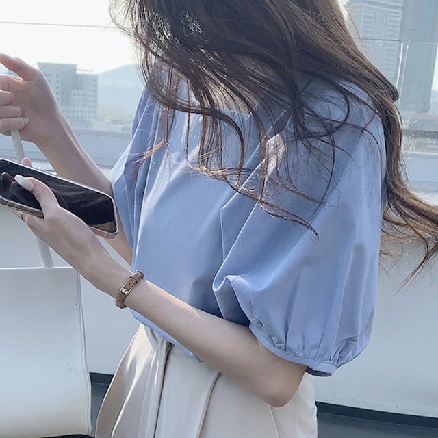 <3カラー>トップス ブラウス スクエアネック タック パフスリーブ 半袖 カジュアル シンプル