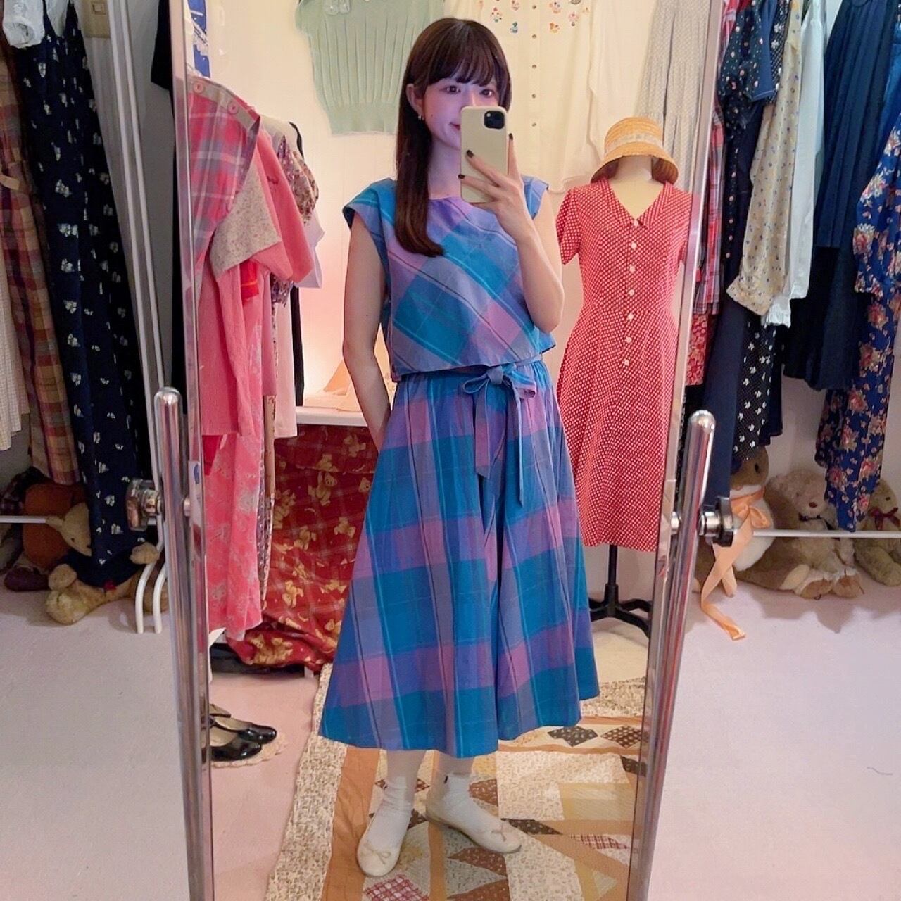 blue pink check ensemble one-piece