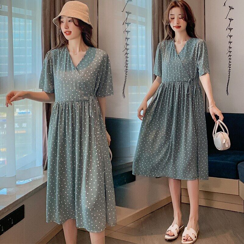 【新作】【送料無料】 7071＃2021夏の水玉模様のシフォンマタニティロングドレスラージサイズルーズVネックの服妊娠中の女性の妊娠 プリント 大きめサイズ サマー 夏物 AL expec480272645451