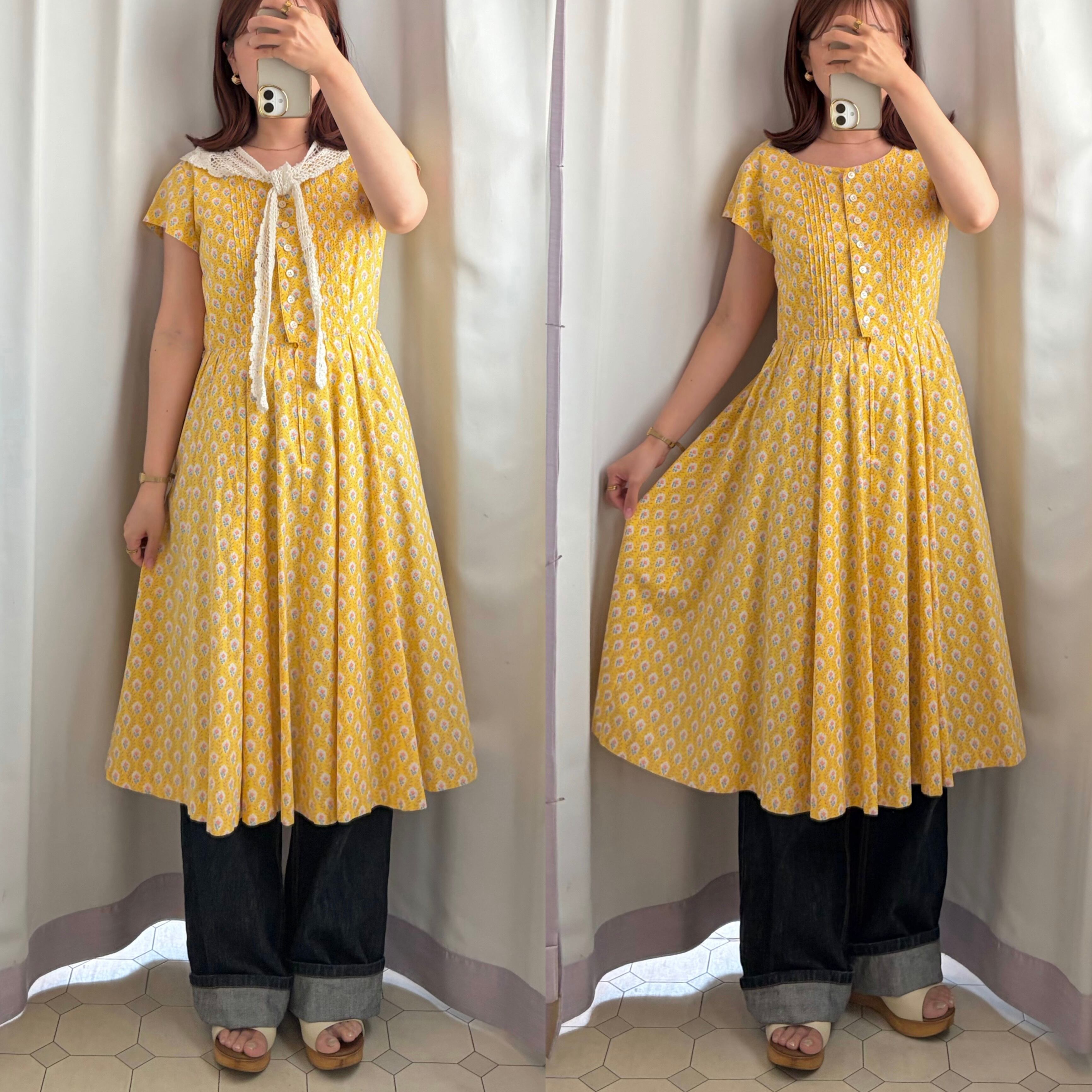 ヴィンテージイエロー レース エプロン リボン　USA vintage 古着 Yellow Provence Floral Dress〈レトロ古着 イエロー プロヴァンス調花