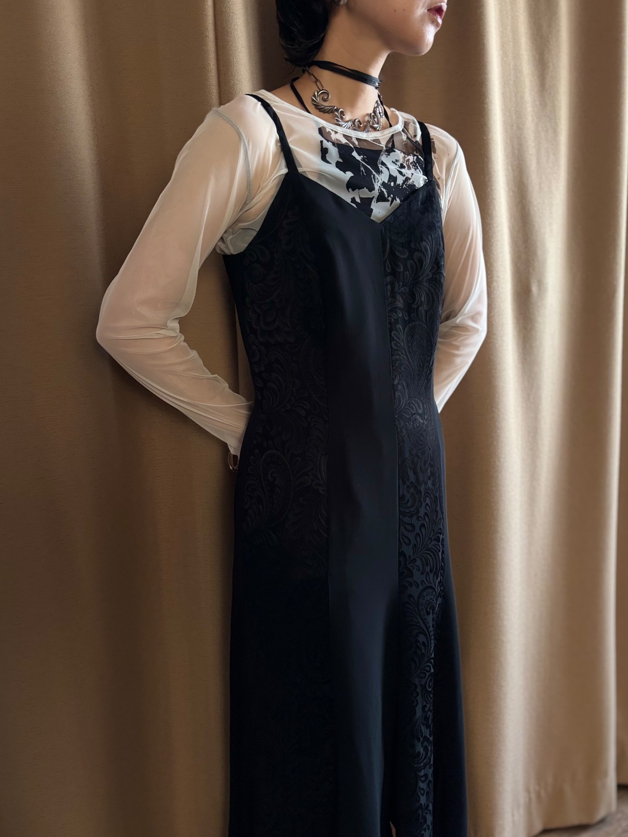 jacquard & sheer docking black dress-5243-5