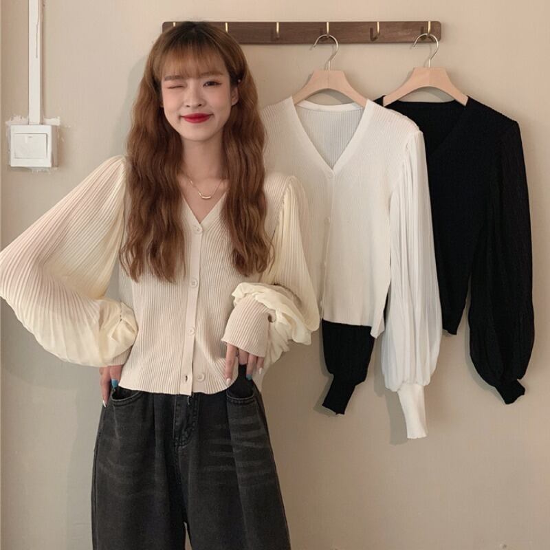 ニットセーター レディースオータム薄手スタイルVネックスリーブシフォンカーディガントップス ランタンスリーブ 秋物 ステッチ 1号婦人13588824330