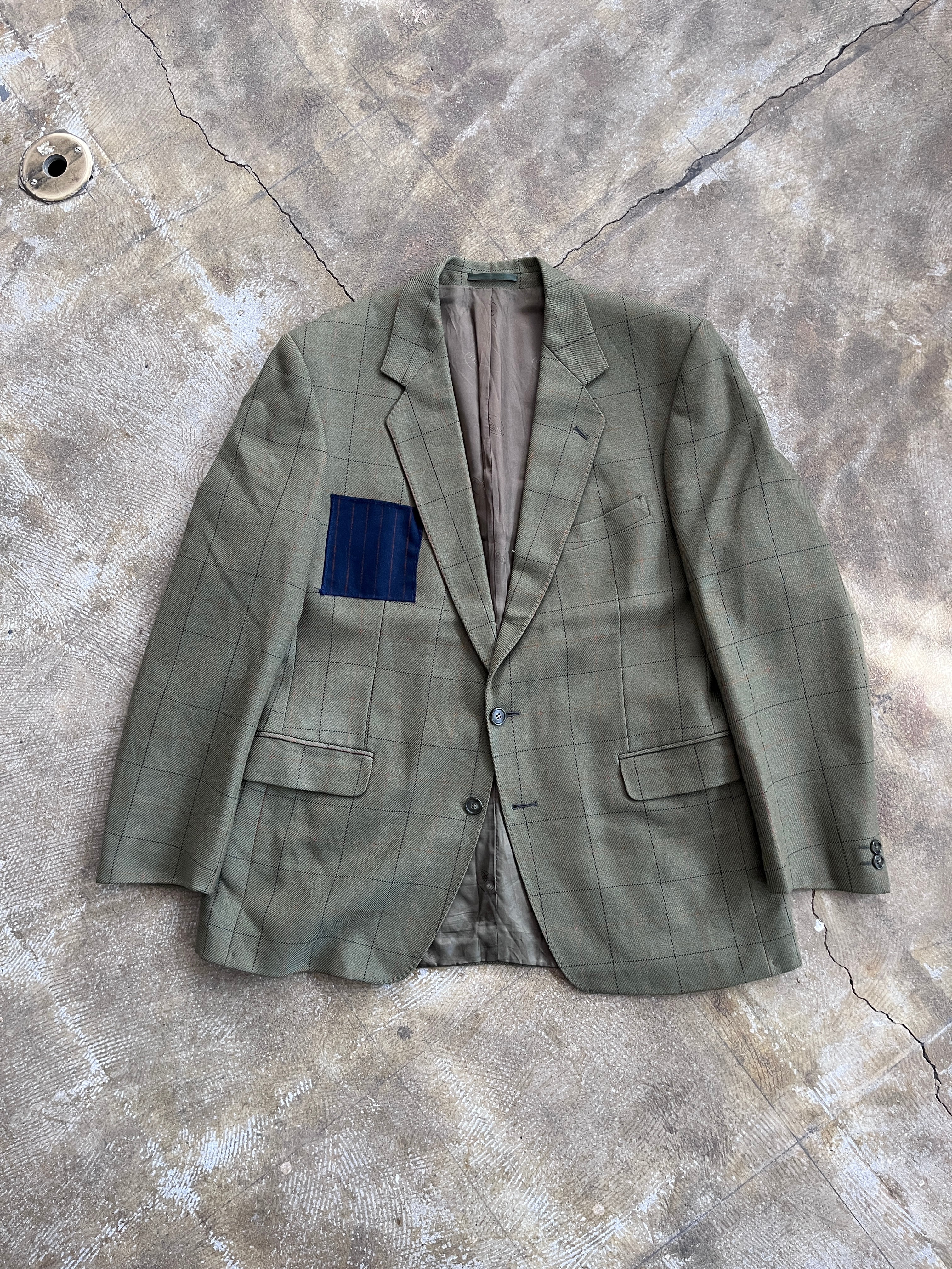 リメイク マギー ドニゴールツイード / Magee Donegal Tweed ウール パッチワーク テーラードジャケット カーキグリーン | Lサイズ相当 | アイルランド製 1960〜1980年代