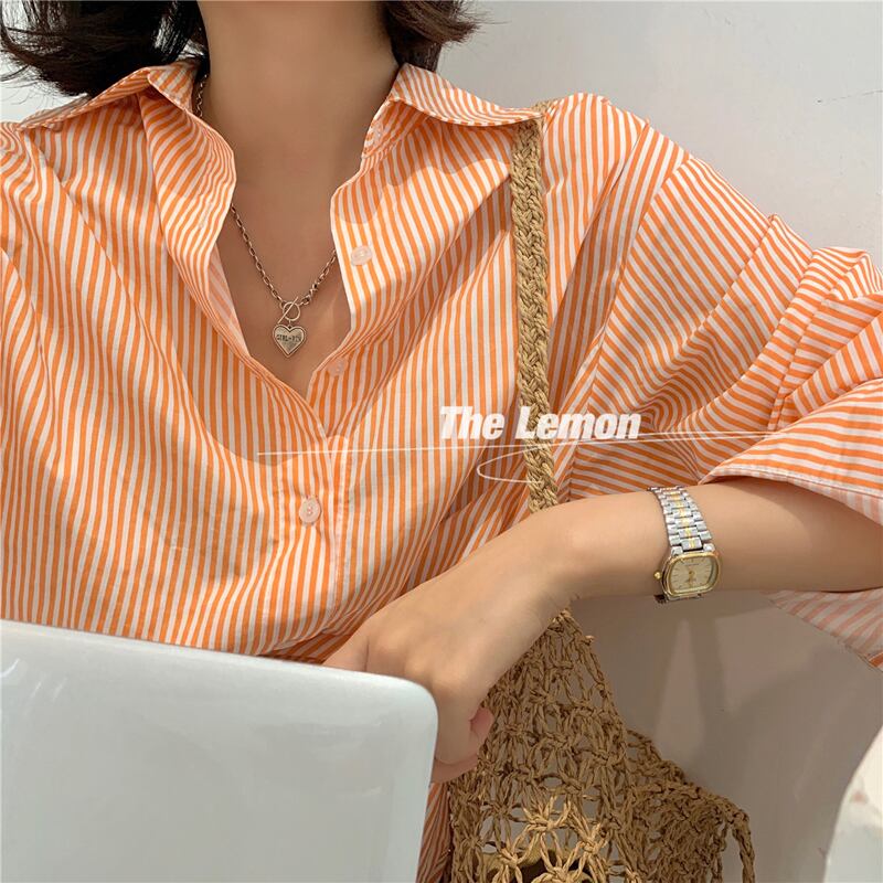 ストライプシャツ ルーズスプリングトップス レディース ロング 春物 ビッグFスモールZ韓国773662971