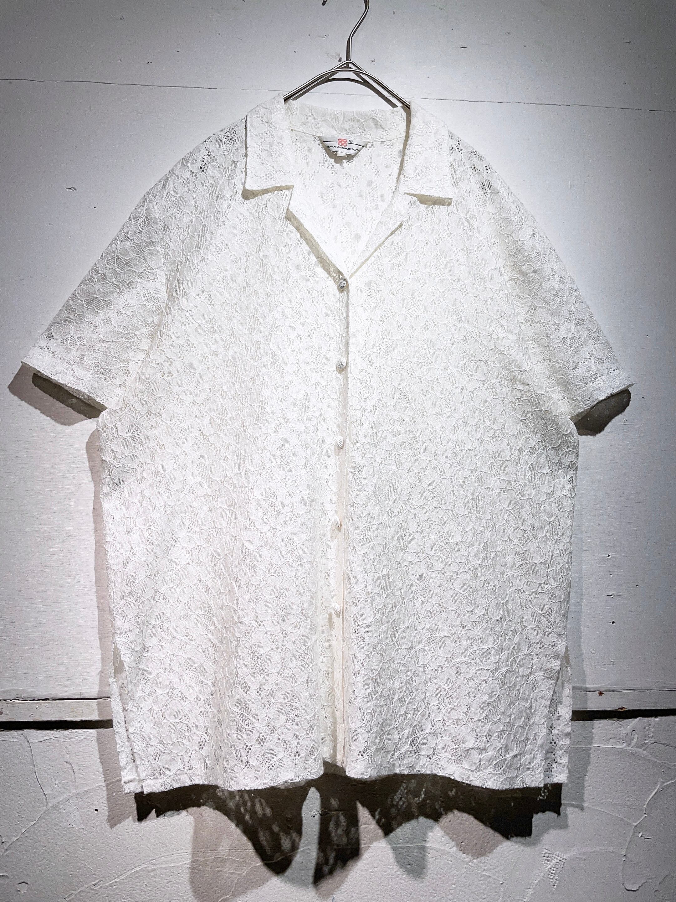 white flower lace embroidery open collar vintage shirt