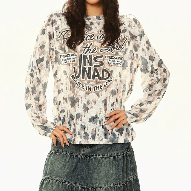レオパードパターンクラッシュロゴロングスリーブTシャツ 2col R02579