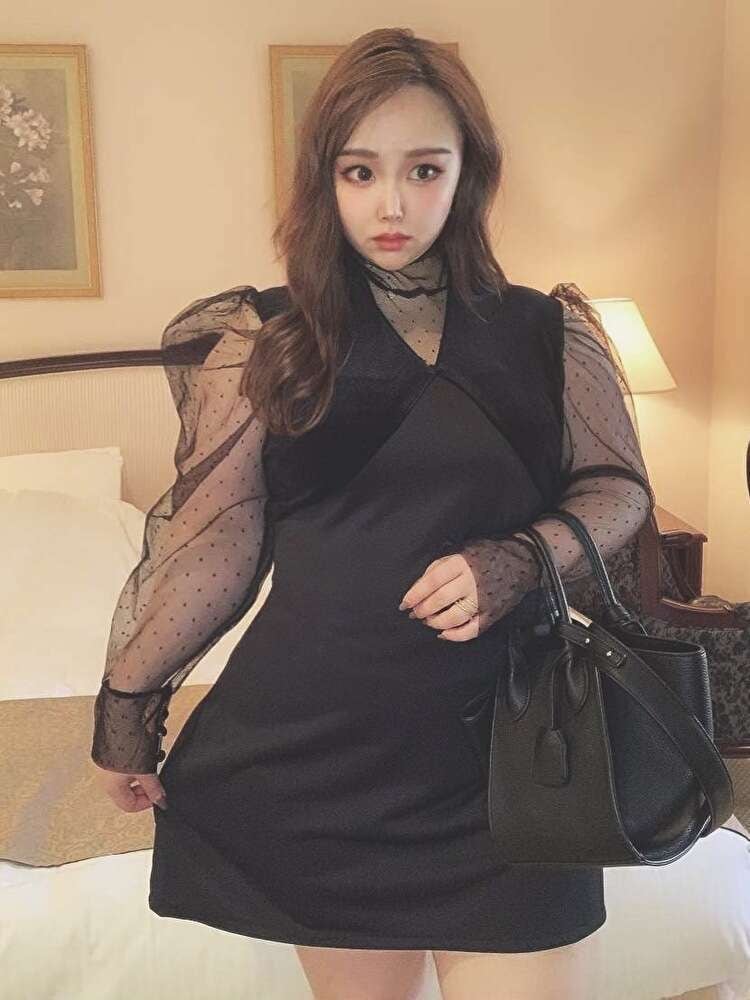 華やかなパーティーにぴったり イブニングドレス ミニ丈パーティドレス シアー ハイネック エレガント 大きいサイズ 韓国 CH3247