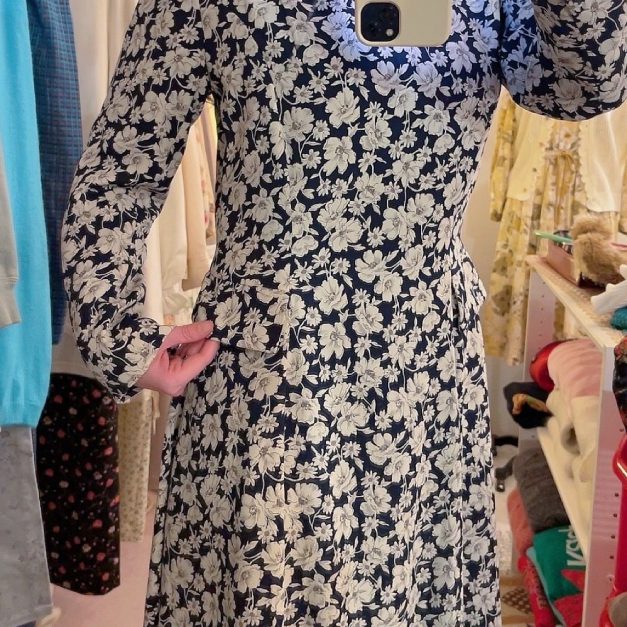 white flower navy flare one-piece