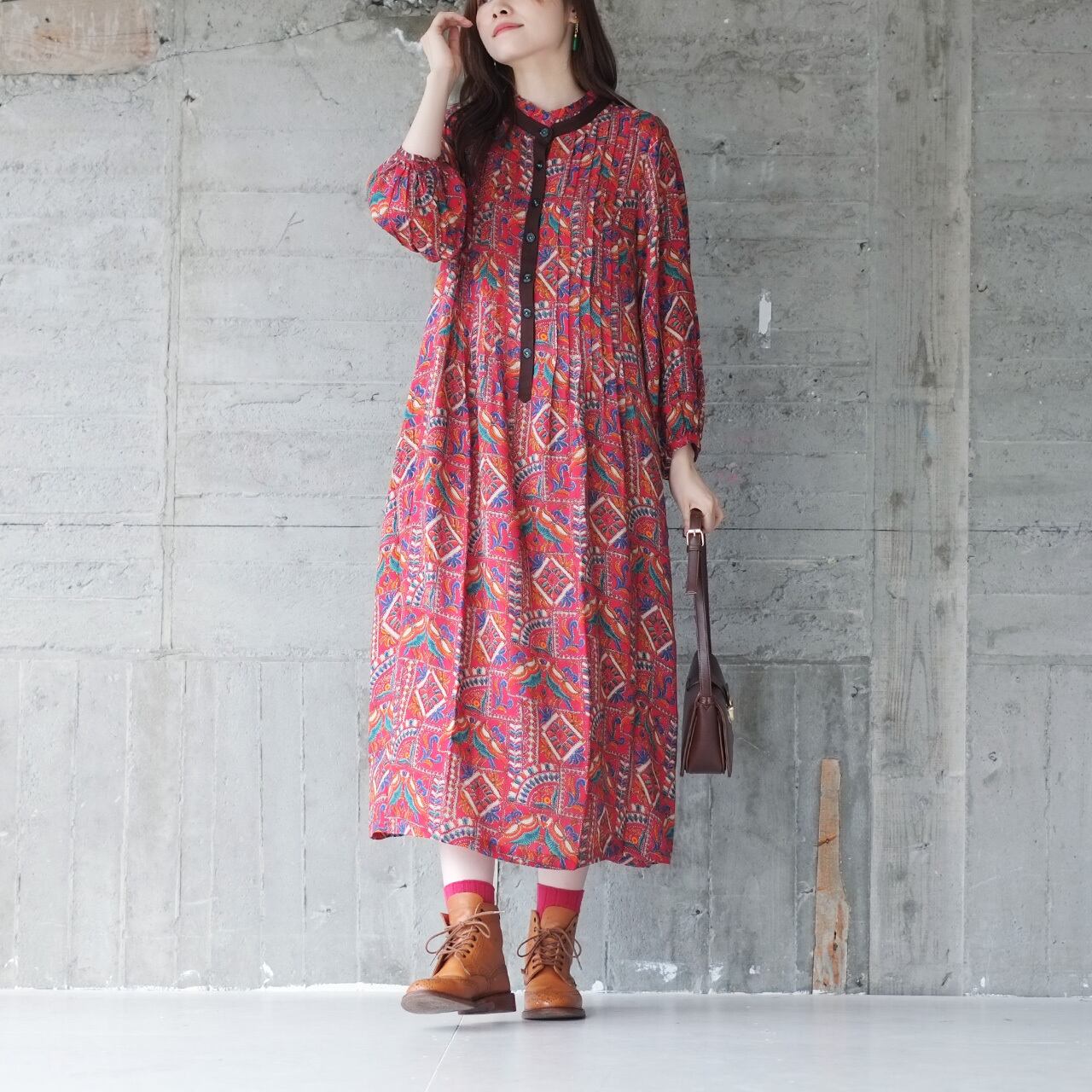【2025再販】ボヘミアン長袖ワンピース(23w-01)ヴィンテージレッド