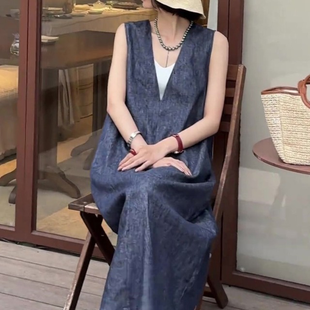 ノースリーブVネックデニムワンピース A00363