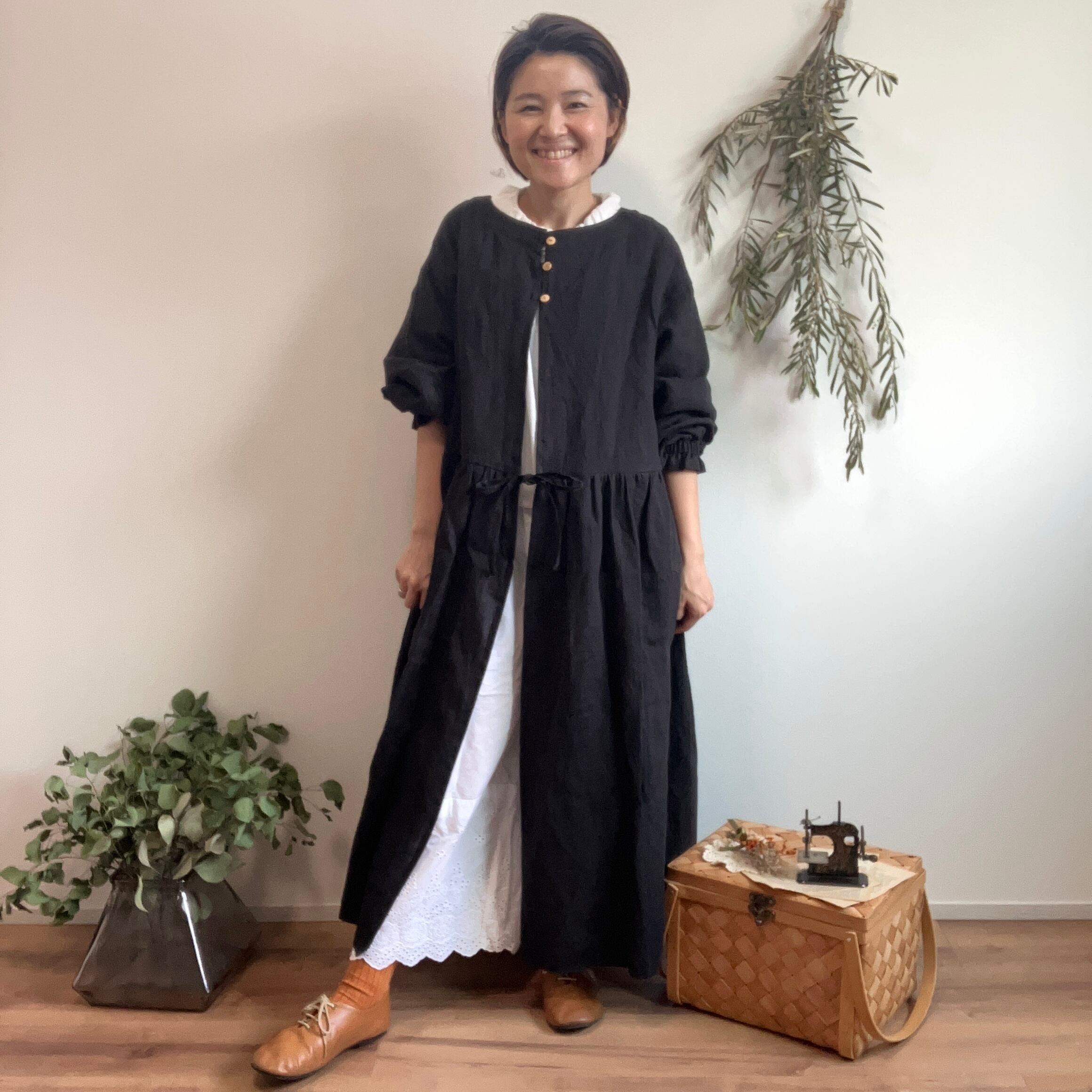 Handmadeブラウンリネン 割烹着ワンピース L～LL 2141 大きかれ 