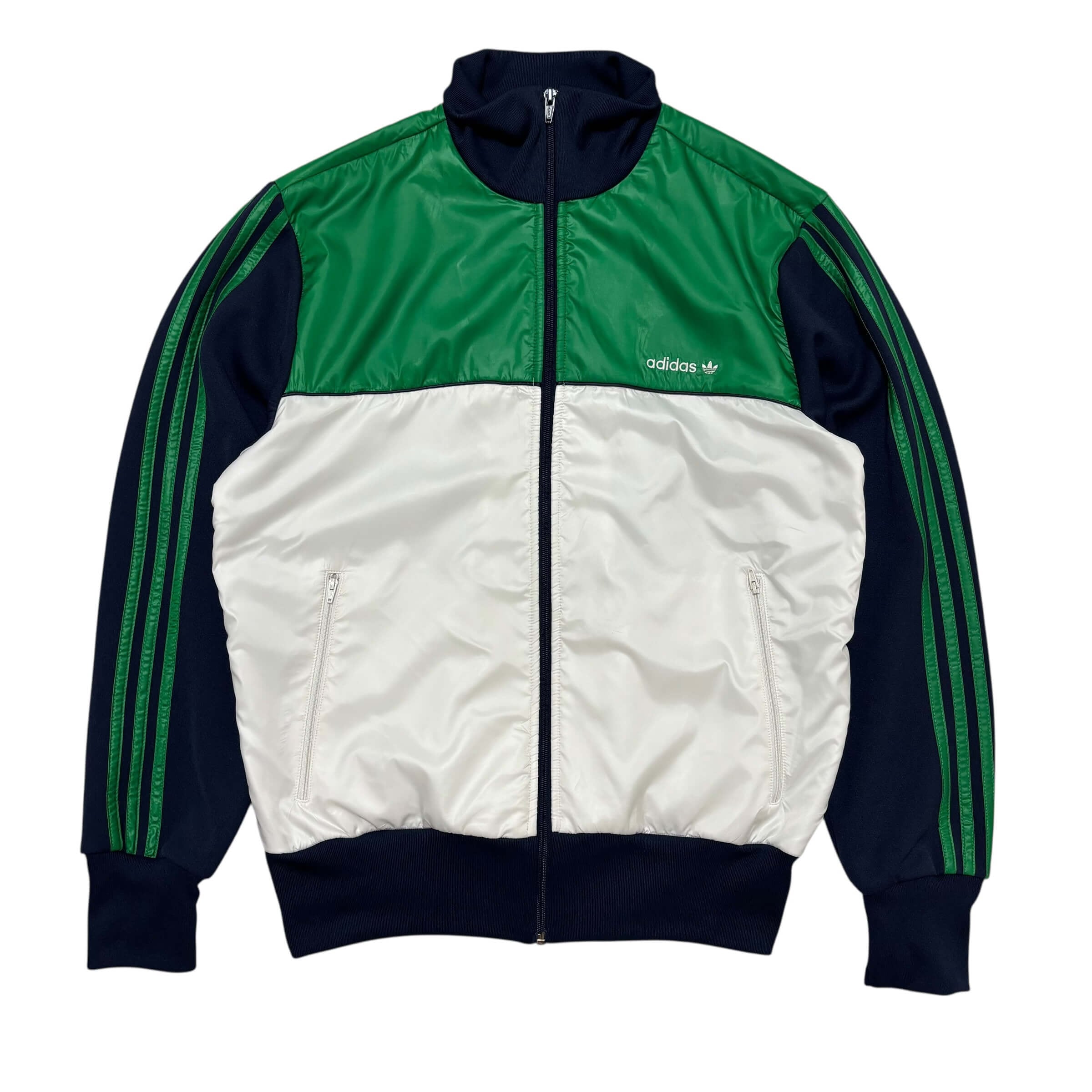 古着 アディダス adidas トラックジャケット ジャージ 切替デザイン クリーニング済み 緑 白 紺 メンズM