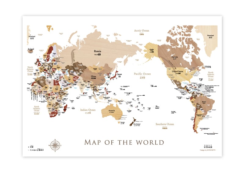 英語 日本語表記 木目調のおしゃれな世界地図ポスターa1サイズ Sonorite