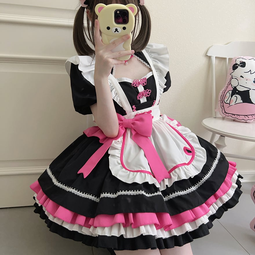 メイド服 中華ロリータ パンダ リボン フリル メイドワンピース ベビー