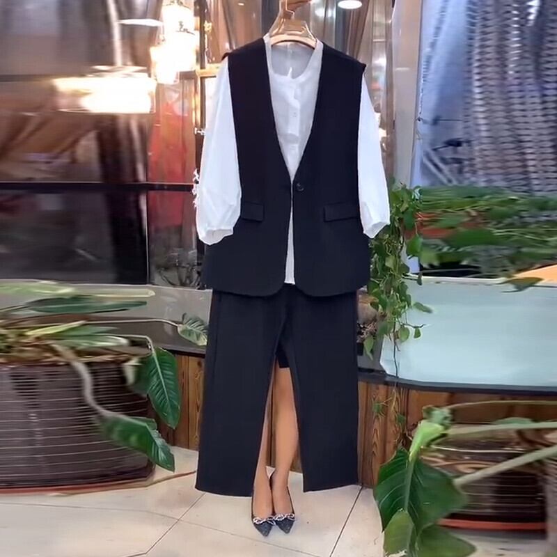 ラージサイズファットmmスキームスリミングスーツ女性秋ベストトップシャツカジュアル女性パンツスリーピーススーツ年齢を減らす ミックスインファッション78488619232