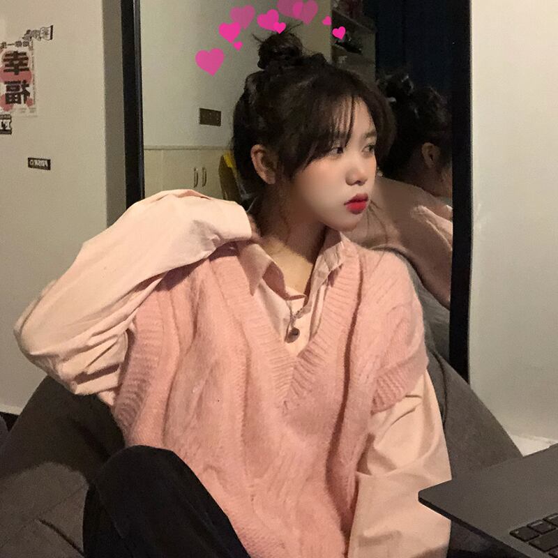 スプリングオータムスタイルルーズノースリーブニットジャケット レッド 春物 秋物 試着室70280516360