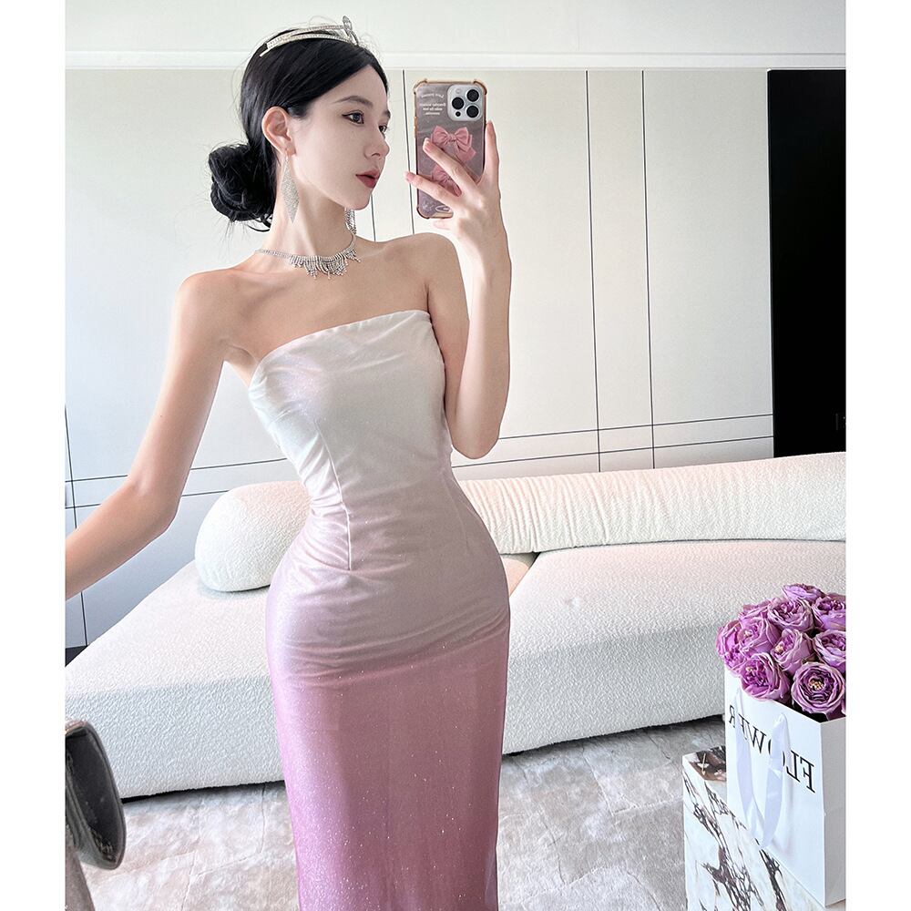 【新作】【送料無料】 2024 新しい夏スタイル日本と韓国のセレブスタイルミッドレングスグラデーションカラースリムフィットヒップハグチューブトップドレス 7943 0185874747888
