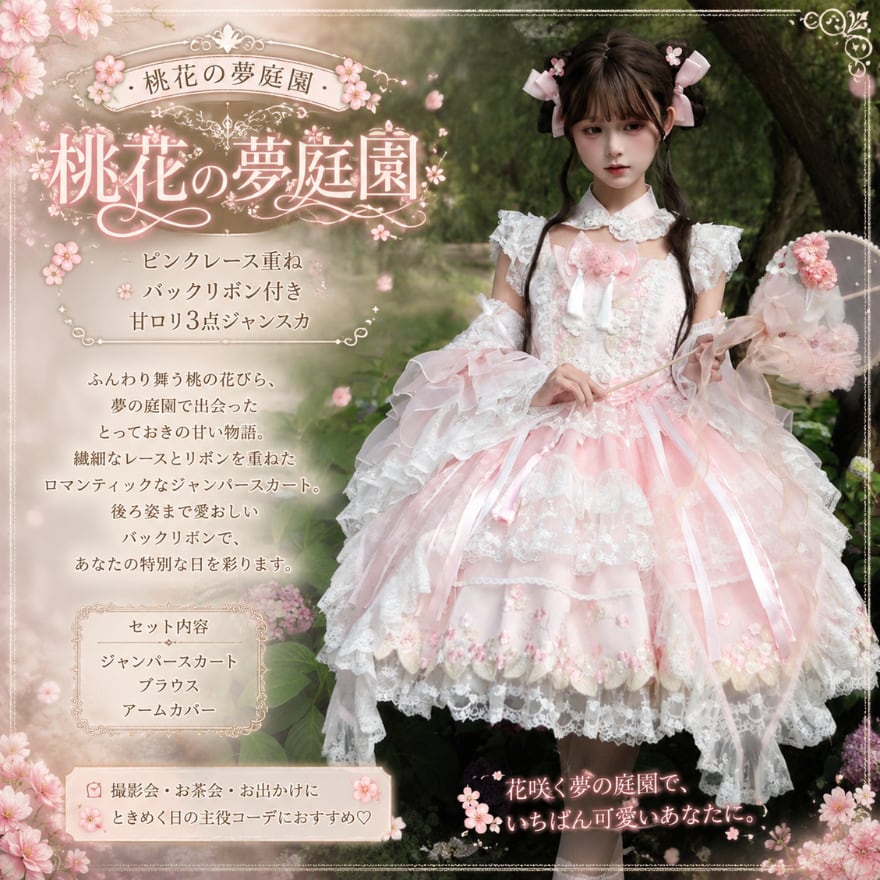 桃花の夢庭園 ピンクレース重ねバックリボン付き甘ロリ3点ジャンスカ