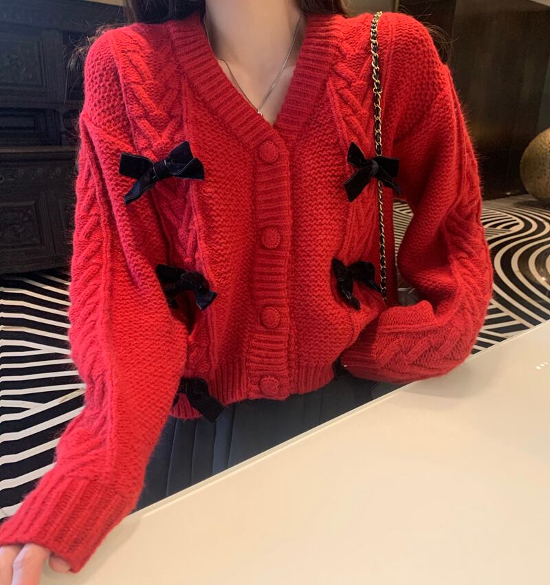 Vネックニットカーディガンスタンダードセーター ジャケット トップス レディース レッド リボン レトロ ビッグFスモールZ韓国56929944848