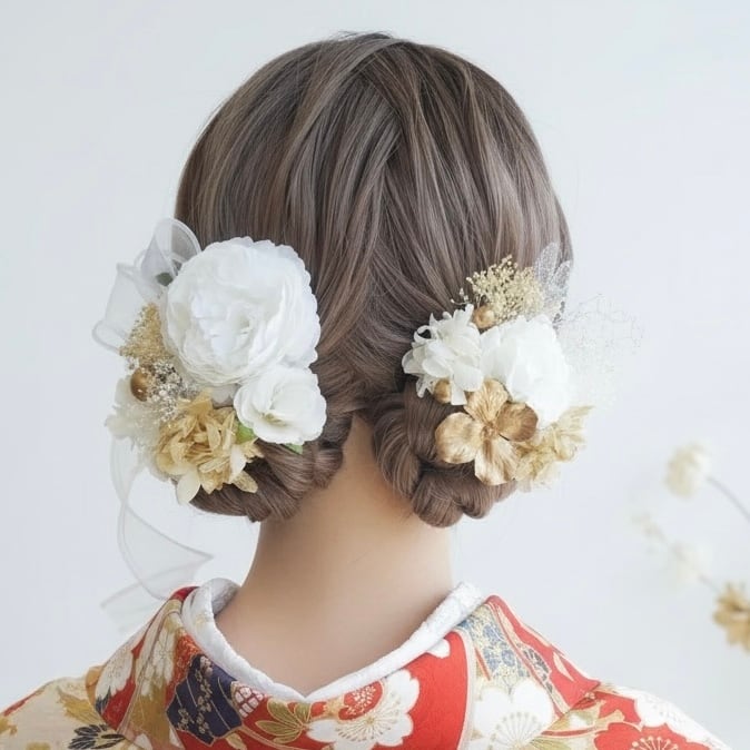 A233 白ゴールド ツイン ローズ ドライフラワー髪飾り リボン 卒業式 袴 成人式 振袖 結婚式