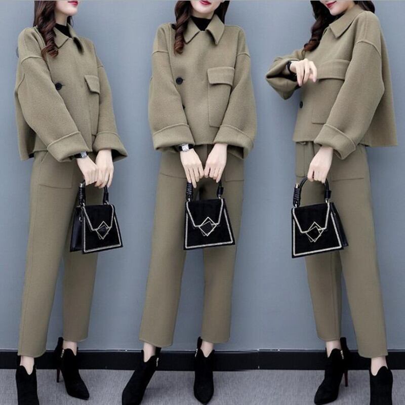 秋冬新作 ラシャコート 9分丈パンツ ラシャ セットアップ 韓国風 レディース カジュアル