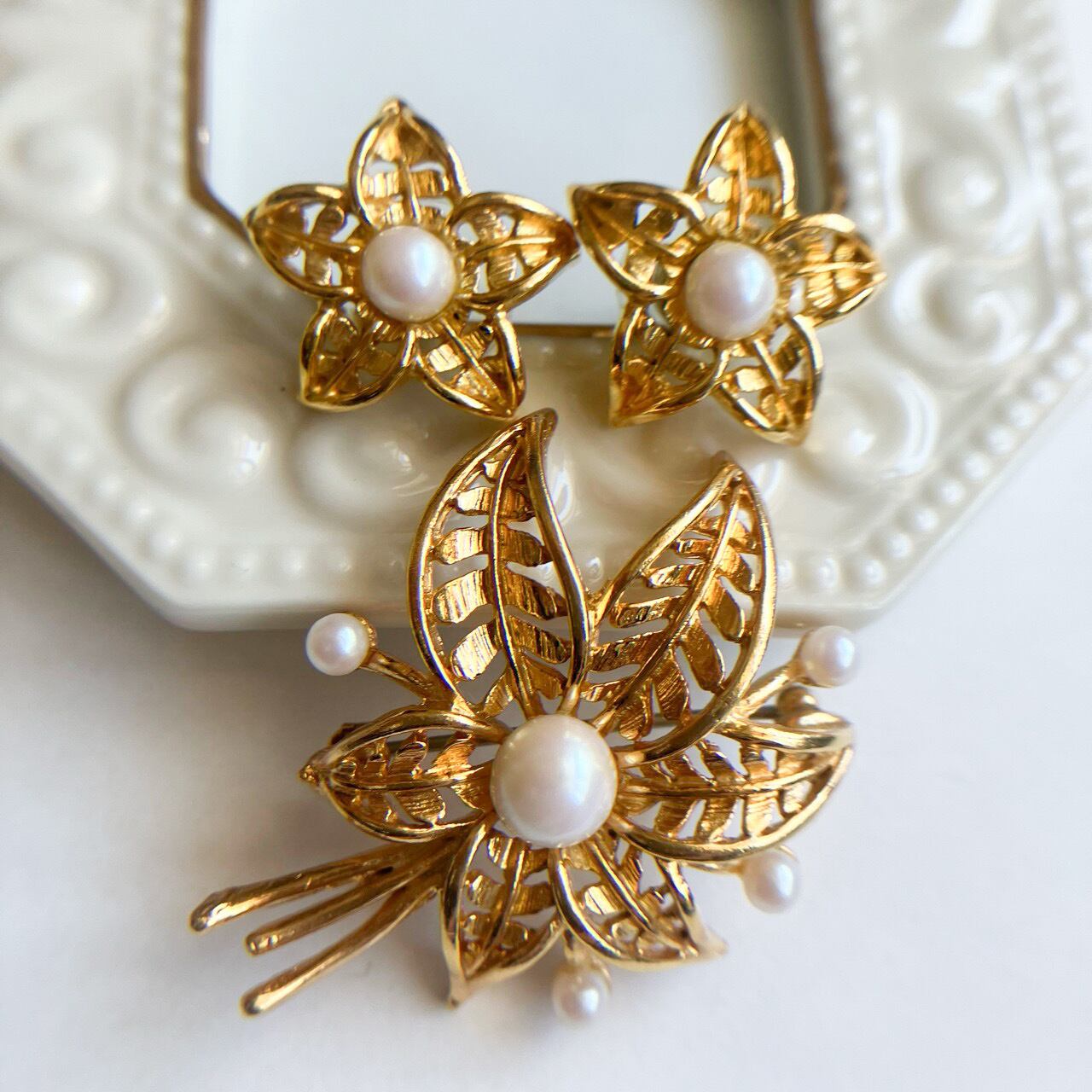 gold & pearl flower pierce[p-1114] & brooch[b-414] ヴィンテージピアス　ヴィンテージブローチ
