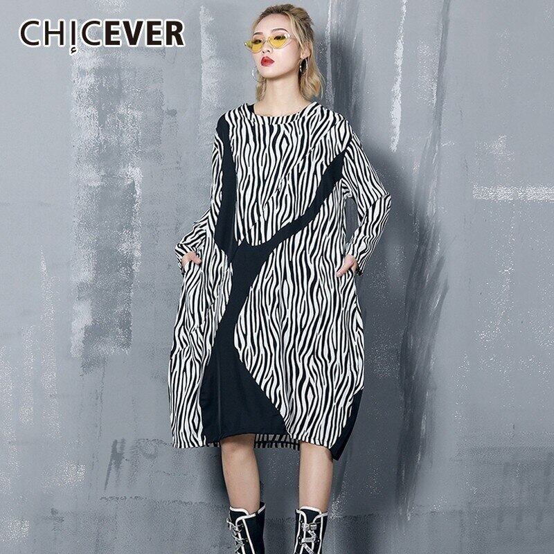 CHICEVERシフォンストライプドレス女性Oネック長袖ルーズヒットカラー特大ミディドレス服 ロング 6base51739336702