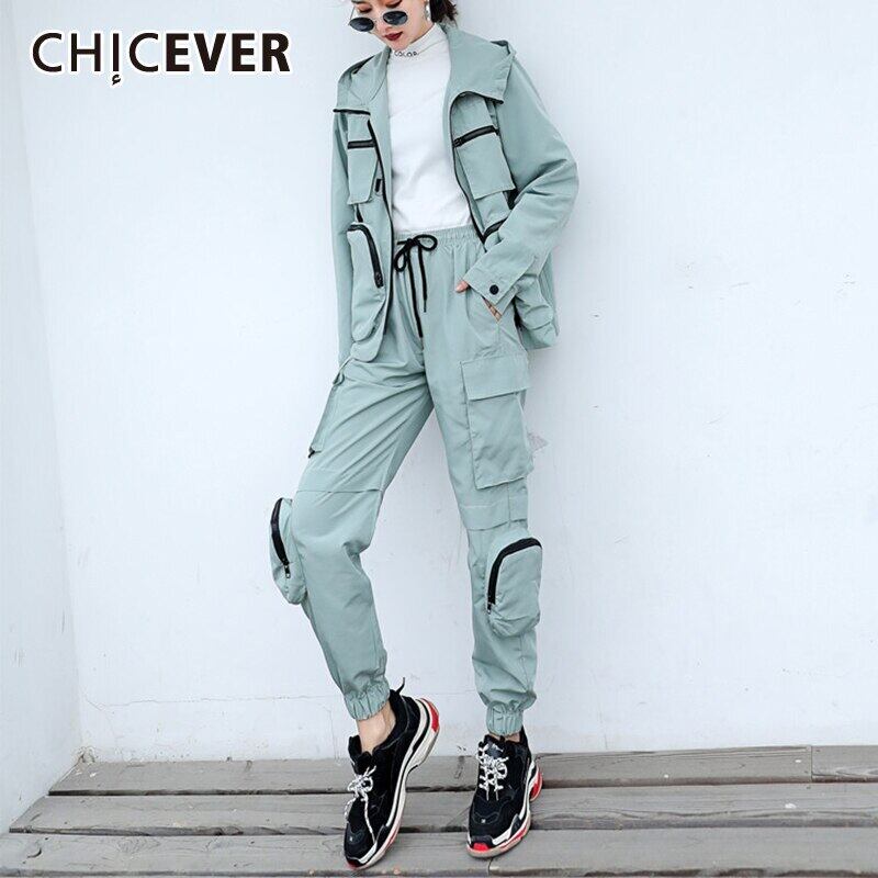 CHICEVERサファリスタイルツーピースセットレディースラペル長袖フード付きジャケットウエストドローストリングパンツセット2020 ロング 6base530111738305
