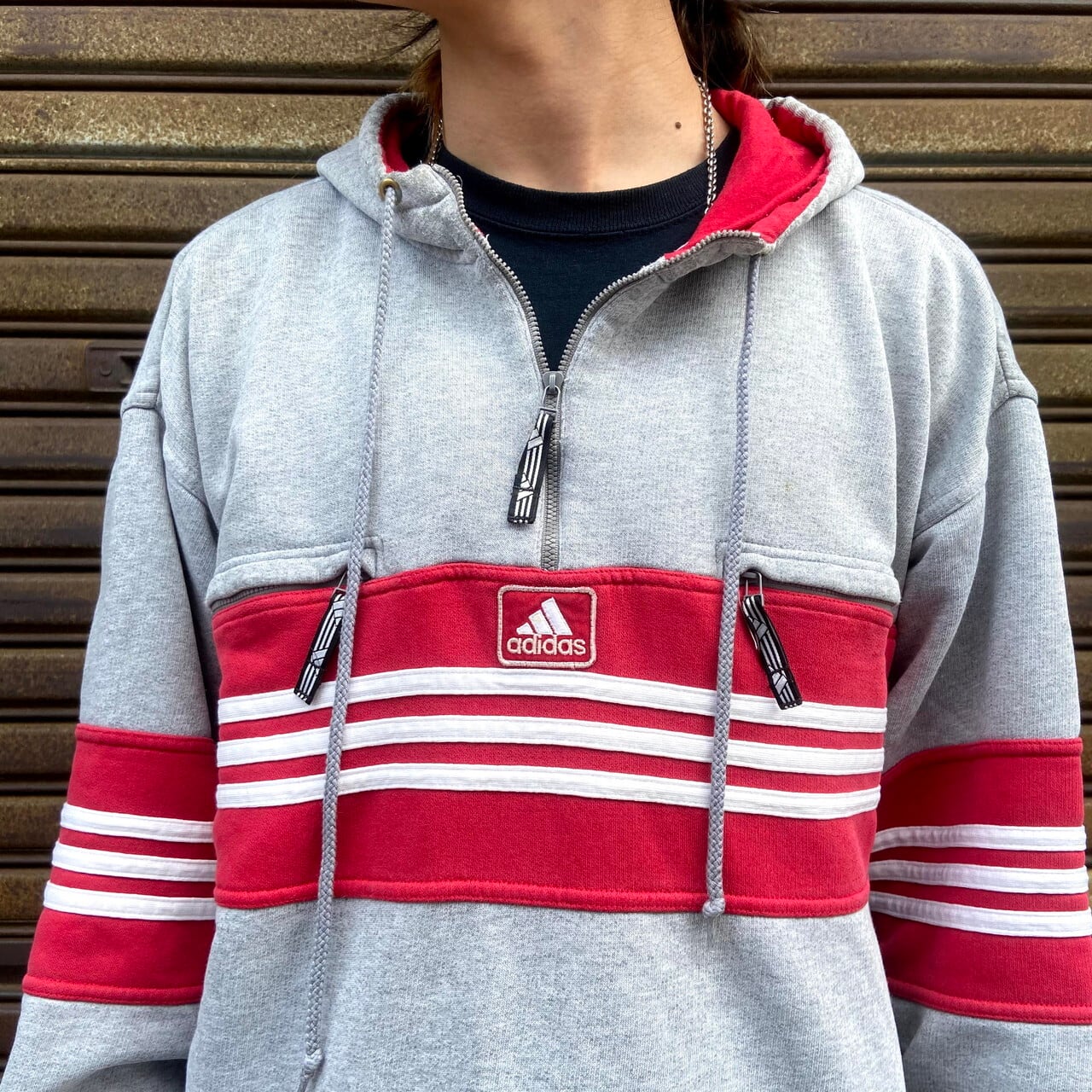 レアデザイン 90年代 Adidas アディダス ハーフジップ スウェット メンズxl相当 古着 90s ヴィンテージ ビンテージ トレーナー グレー レッド 大きいサイズ スウェット All15 Cave 古着屋 公式 古着通販サイト