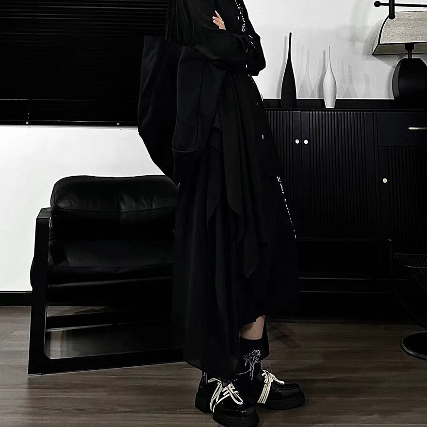 サブカル 服 地雷系 通販 ロングスカート ヘムデザイン 書道プリント アシンメトリー 闇かわいい