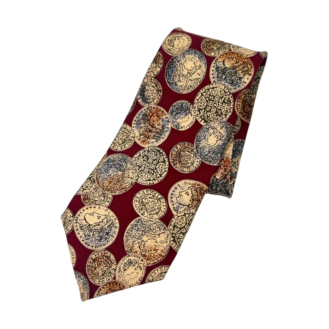 KLEPER シルク100% コイン総柄 ネクタイ ボルドー/メダル