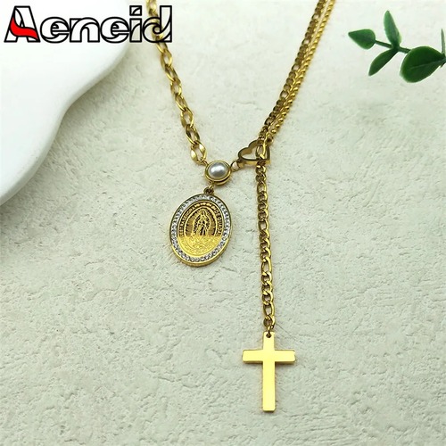 ペンダント ネックレス  ラインストーン ステンレス ゴールド チェーン クロス レディース メンズ バージン メアリー
