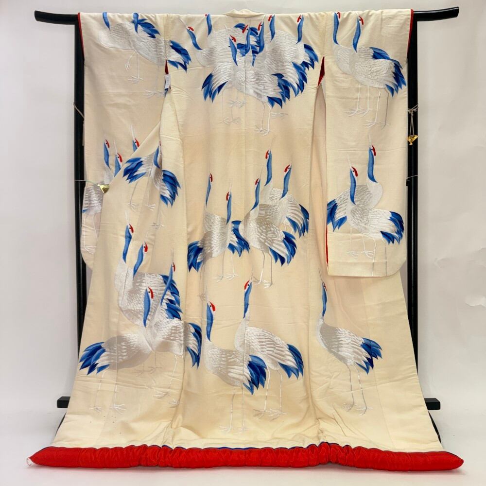 色打掛 正絹 鶴 刺繍 白 打掛 花嫁衣裳 ポリエステル リサイクル 中古 ブライダル ウエディング 着物 6635