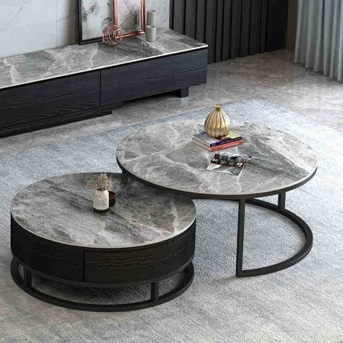 大理石柄テーブル 丸テーブル 二点セット 大理石風 ネストテーブル 2点セット センター