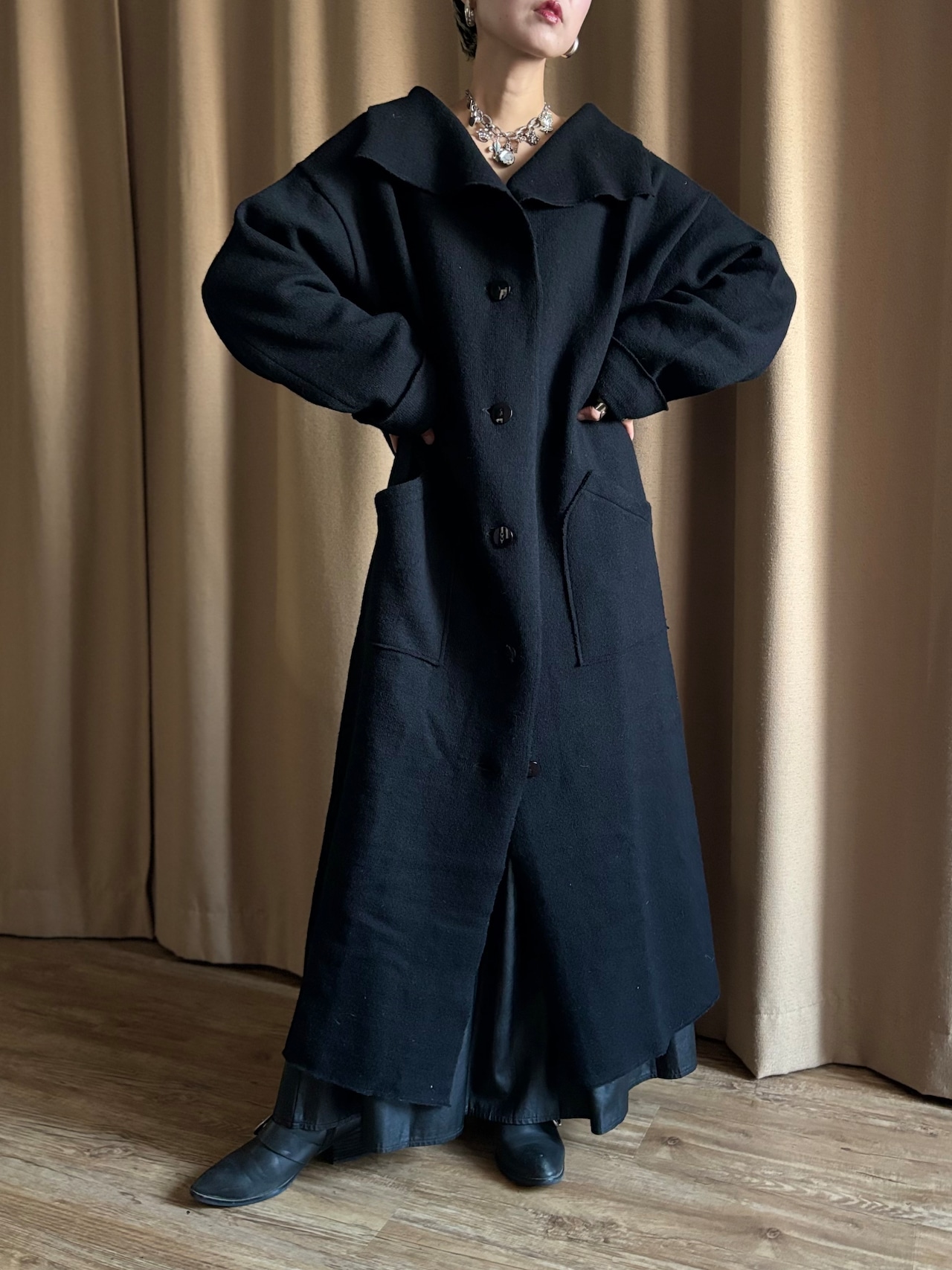 mode black big collar wool knit coat-5089-12