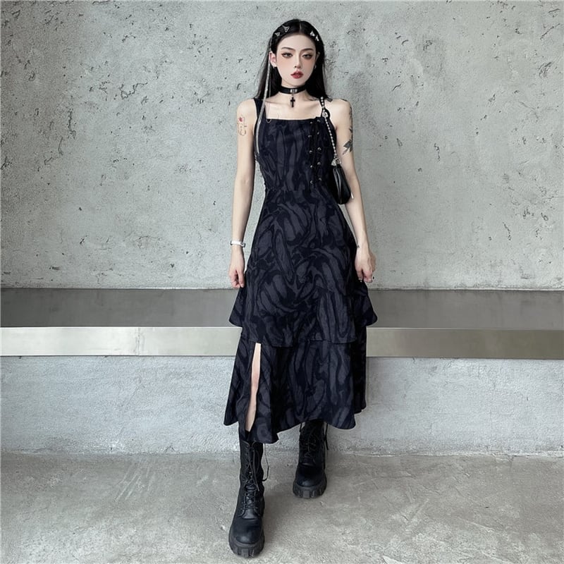 サブカル 服 地雷系 通販 ワンピ ノースリーブ レトロ 絞り染風 闇かわいい ゴスロリ原宿女子 韓国系