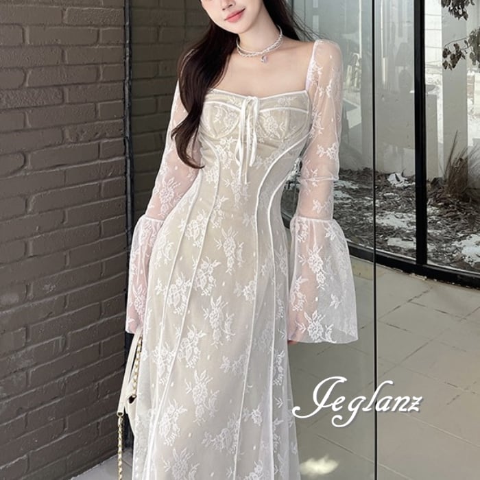 ワンピース ドレス レーシー 肌透け アンダードレス付き デコルテ見せ 2色 ♪(M5845)ζ